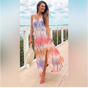 Venus Tie-Dye Maxi Dress Small Pink Orange Purple Tassel Boho Beachy Vibes